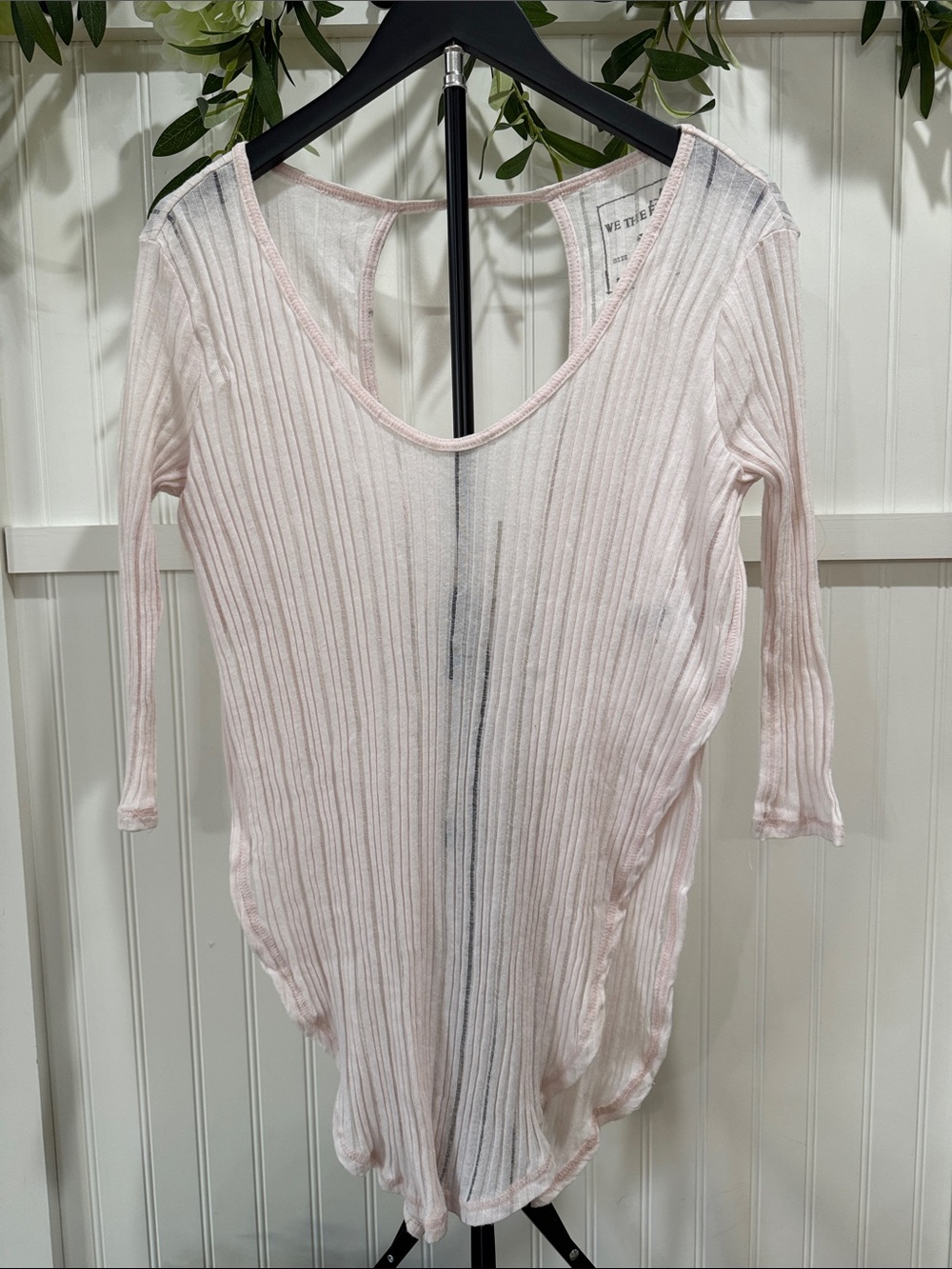 #319 WE THE FREE Pale Pink Ribbed Tunic Top w 3/4 Sleeves, Cut-out Sides S